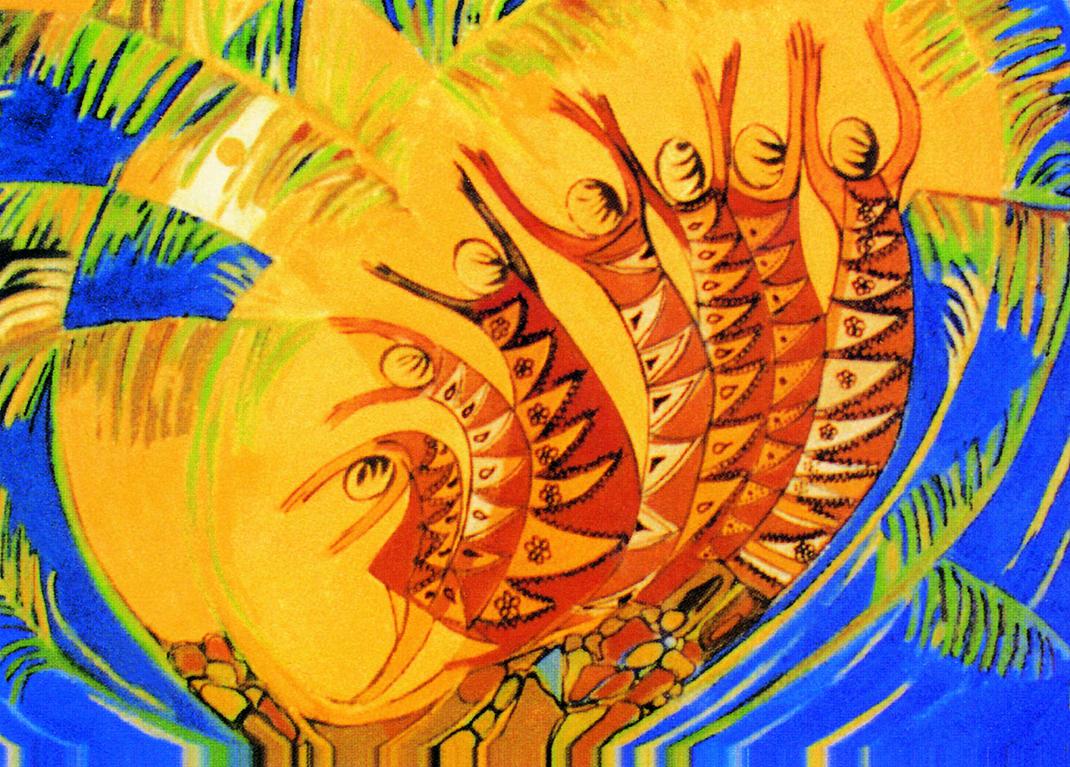 Titelbild zum Weltgebetstag 2000, „Schöpfung und Spiritualität“ Motiv von Hanna Cheriyan Varghese, © Christian Conference of Asia, Creation and Spirituality, 1995 